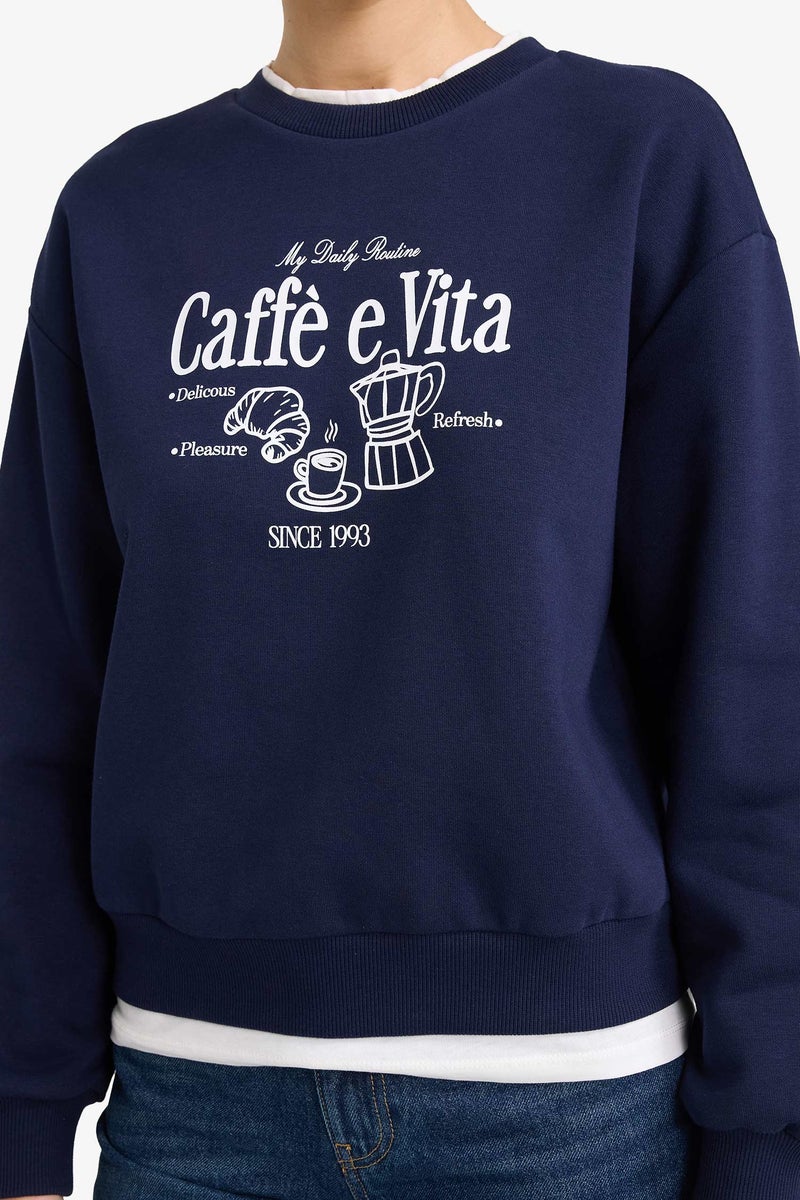 DeFacto Blue Woman Relax Fit Printed Polo Neck Thick Sweatshirt Casual - Image 4